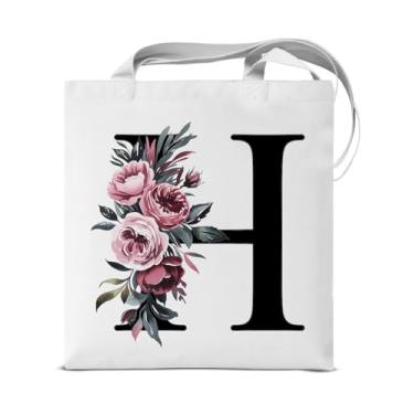Imagem de KSFFWQIN Sacola feminina de lona com inicial H, floral, letra H, personalizada, reutilizável, para compras, trabalho, praia, viagem, monograma, presentes elegantes