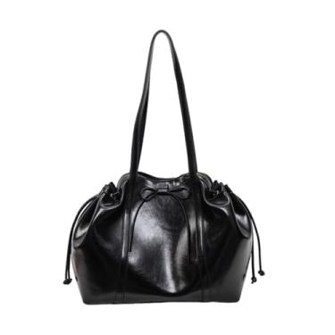 Imagem de CORIOS Bolsa feminina elegante de couro sintético com cordão, bolsa de ombro com laço e alça superior de grande capacidade, Preto, Large