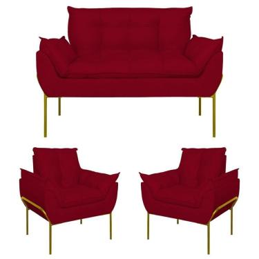 Imagem de Kit 2 Poltronas + Namoradeira Pé Metal Dourado Recepção Sala Vermelho