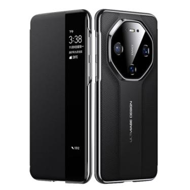 Imagem de HAOMRIYL Capa flip para Huawei Mate 80 Pro Max/80 Pro/80, Smart Clear View Window Slim Capa de couro com fecho magnético chapeamento à prova de choque, preta, 80 Pro Max