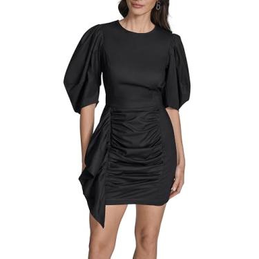 Imagem de BCBG Minivestido feminino manga 3/4 bufante, gola joia, franzido, bainha, Preto, 46