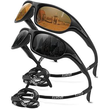 Imagem de AWGSEE Óculos de sol esportivos polarizados para homens, TR90 com armação inquebrável para pesca, condução, ciclismo, proteção UV400, (Pacote com 2) Lente preta + preta/marrom, 60mm