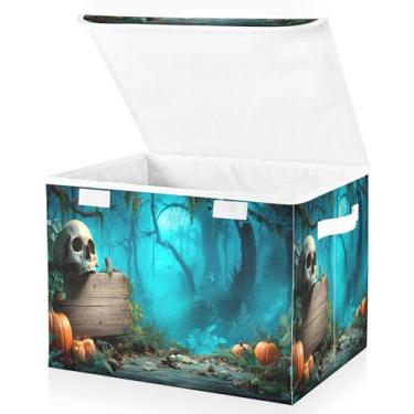 Imagem de Blueangle Caixas de armazenamento dobráveis 1 pacote, cestas de armazenamento de tábua de madeira de Halloween com tampas e alça para casa quarto armário escritório (415)