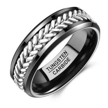 Imagem de NUNCAD Aliança de casamento masculina de 8 mm, anéis de carboneto de tungstênio, anéis pretos para homens com incrustação de aço inoxidável prateado, ajuste confortável, acabamento polido, bordas