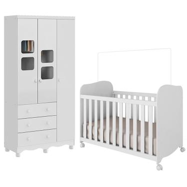 Imagem de Jogo De Quarto Infantil Uli Guarda Roupa 3 Portas E Berço Branco Brilho - Móveis Peroba