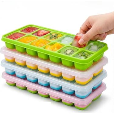 Imagem de Kit Premium com 4 Formas de Gelo com Tampa – Design Moderno, Fundo em Silicone Flexível, Extra Higiênicas, 14 Cubos Cada, Alta Durabilidade - Alimentos Frutas Papinha