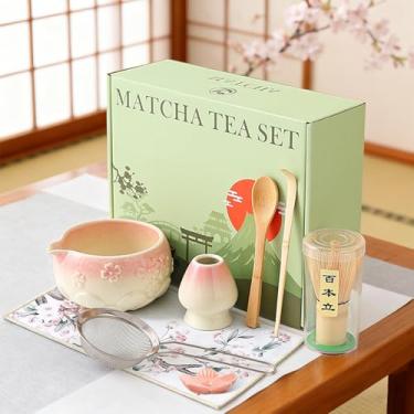 Imagem de Conjunto de batedor Matcha, conjunto de 8 peças Matcha com padrão de flor de cerejeira rosa em relevo, inclui tigela com bico, batedor de bambu, suporte de cerâmica, colher de bambu x2, descanso de