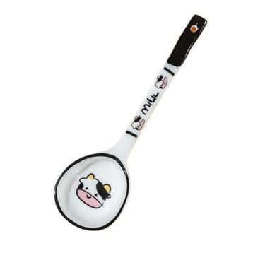 Imagem de Concha de sopa Colher de cerâmica com cabo longo e colher café estampa vaca fofa sobremesa colheres sorvete