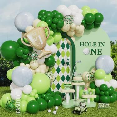 Imagem de Hole in One Decorações de festa de aniversário de golfe, kit de arco de guirlanda de balões de 135 peças, decorações de primeiro aniversário de golfe, balões de látex verdes e brancos com balões de