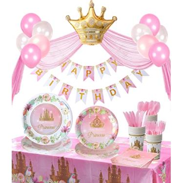 Imagem de Winoo Design Princess Plates and Napkins Party Supplie - Serves 16 - Princess Birthday Decorations Includes Paper Plates Cups Napkins Cutlery Balloons Banner Tablecloth Party Favor Décor Idea