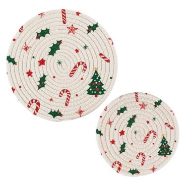Imagem de Wassud Conjunto de tripé com padrão de Natal para pratos quentes, suportes redondos de algodão, almofadas quentes, porta-copos elegantes, decoração de cozinha e acessórios, 2 peças