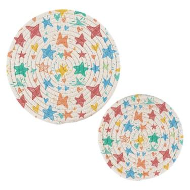 Imagem de Wassud Trivet de estrelas coloridas para pratos quentes, suportes de panela redondos de algodão, porta-copos elegantes, decoração de cozinha e acessórios, 2 peças