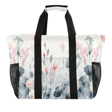 Imagem de Wassud Sacolas de compras reutilizáveis florais em aquarela grande bolsa de lona impermeável organizadora de viagem para praia, piquenique, lavanderia