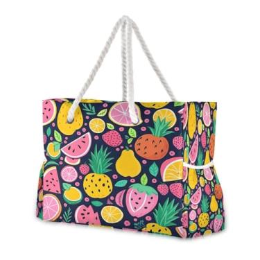 Imagem de Wassud Bolsa de praia Fruit World Grande para mulheres, impermeável, à prova de areia, bolsa de viagem com zíper e bolso para piscina, academia, acampamento