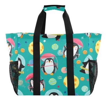 Imagem de Wassud Playful Penguins Sacolas de mercearia reutilizáveis grande bolsa organizadora de lona impermeável para praia, piquenique, lavanderia, viagem