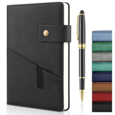 Imagem de Mousbull Caderno de couro A5 com caneta, diário de capa dura de 200 páginas com bolso, diário de papel pautado grosso de 100 g/m² para homens e mulheres, ótimo presente para negócios, escola, viagem,