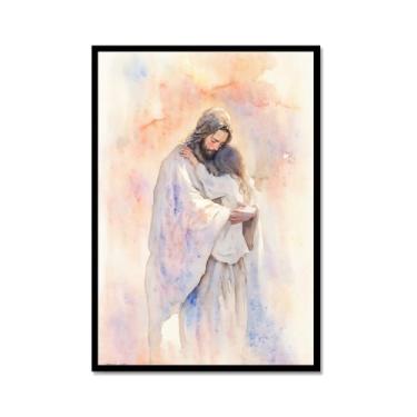 Imagem de Aquarela Jesus Retrato Deus Cristão Arte de Parede Cristo Impressão em Tela Pintura Imagens de Parede para Sala de Estar Decoração de Casa (SKU6,20.3x30.5 cm = (20x30cm), Moldura de Metal Preto)