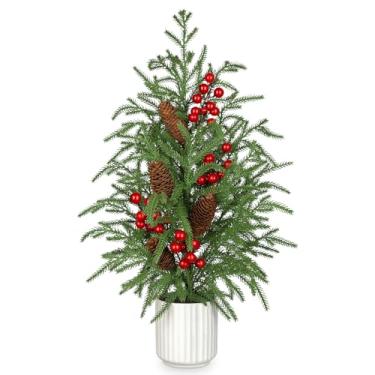 Imagem de Pinheiro norfolk artificial de 60 cm, árvore de Natal pequena de 61 cm, pinheiros falsos em vaso de cerâmica, decoração de mesa para mesa de jantar de varanda interna e externa