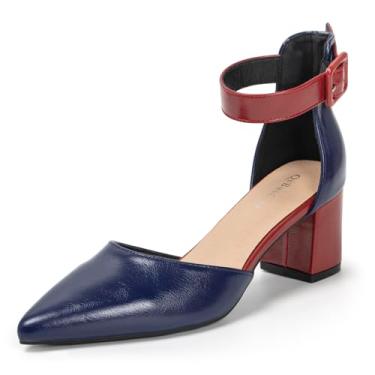 Imagem de qibusleen Sapatos femininos dourados e prateados de casamento com glitter, sapatos de casamento para noivas, dois tons, elegante, tira no tornozelo, bico fino, salto baixo e grosso, Azul-marinho/vinho