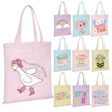 Imagem de Reginary 10 peças de sacola de lona estética inspiradora a granel fofa de algodão com bolso interno, citações inspiradoras, sacolas de algodão reutilizáveis para compras de supermercado, férias