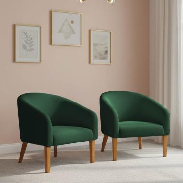 Imagem de Poltrona Sala Decorativa Kit 2 Stella Pé Madeira Trapézio Castanho Bouclê Verde D03 - D'Rossi