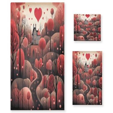 Imagem de Wassud Conjunto de 3 toalhas de banho com padrão de árvores altas e coração, toalhas super macias e absorventes para banheiro, toalhas de banho de secagem rápida, toalha de banho para academia, spa