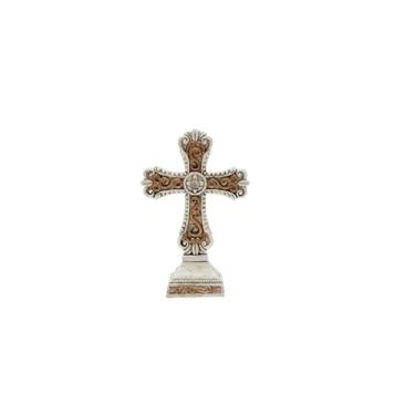 Imagem de CASCADE GOODS Cruz em pé | Cruz de mesa decorativa para altar doméstico | Suporte de cruz para mesa | Estátua de cruz para prateleira | Crucifixo em pé | Decoração de cruz religiosa - Pequena ouro de