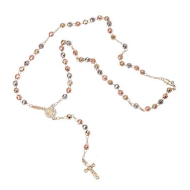 Imagem de Engminguoz Corrente tricolor banhada a ouro 14K com contas de 4 mm ou 5 mm, colar em Y para mulheres e homens, joias religiosas (23,6 polegadas), 4mm Bead Rosary Chain, Ouro, Sem Pedra Preciosa