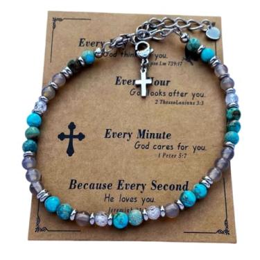 Imagem de DOLON Pulseira minimalista cristã com pingente de cruz com contas boêmia de pedra natural de 4 mm para mulheres, homens, confirmação, batismo, Páscoa, aniversário, presentes religiosos de Natal