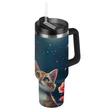 Imagem de Cute Cats Roses Night Tumblers com tampa e canudo garrafas de água de aço inoxidável isolado 1,134 g copo com alça impressão garrafa de água para copo de carro