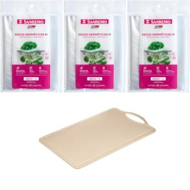 Imagem de Conjunto de 1 Tábua Bege Plástica de Corte para Alimentos + 3 Saco Hermetico Transparente 1 Litro