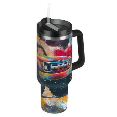 Imagem de Copo Grunge Monster Truck com tampas e canudo à prova de derramamento com alça garrafas de água de 850 g caneca de café quente isolada de aço inoxidável para carro