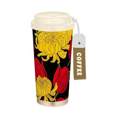 Imagem de TSENQUE Caneca de café de viagem de 473 ml com tampa de canudo e filp, copo de café de viagem de aço inoxidável isolado a vácuo à prova de vazamento, tulipas vermelhas, crisântemo amarelo