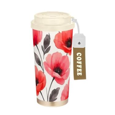 Imagem de Caneca de viagem de café 40 ml com canudo e tampa, revestimento cerâmico, isolamento a vácuo, aço inoxidável, copo de café, à prova de vazamento, flores vermelhas e rosa em aquarela