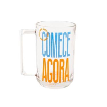 Imagem de Caneco de Vidro Classic 320ml, Transparente com Estampa Azul e Laranja, Alça, Ideal para Bebidas, Happy Hour, 10 x 11,5 x 7,3 cm