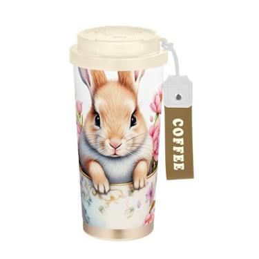 Imagem de TSENQUE Aquarela de flores de xícara de chá de coelho, copo de café de 473 ml com canudo e tampa, canecas de café de parede dupla isoladas a vácuo com revestimento cerâmico para escola, escritório