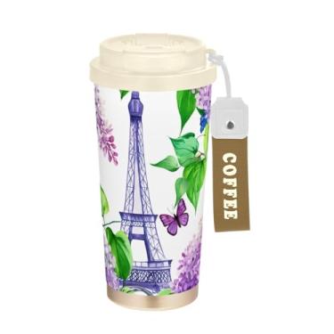 Imagem de TSENQUE Caneca de café de viagem de 473 ml, copo de café com revestimento cerâmico com tampa e palha, copo isolado a vácuo de aço inoxidável, Torre Eiffel, branco lilás