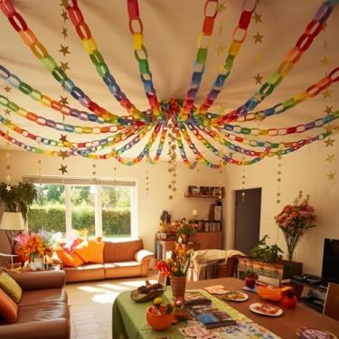 Imagem de Maitys 500 folhas, tiras de corrente de papel e guirlanda de estrela espelhada, faixa de artesanato de papel de 3 metros com fita dupla face para artesanato, aniversário, casamento, festival