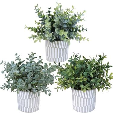 Imagem de Winlyn 3 peças de buxo artificial de eucalipto em vasos de concreto cilíndricos texturizados cinza pequenos vasos de plantas artificiais para decoração de fazenda moderna, casa, escritório, estante de