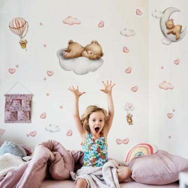 Imagem de Decalques de parede rosa com urso bebê dormindo, adesivos de parede fofos em aquarela para berçário, arte de vinil removível para quarto de gênero neutro, presente de chuveiro e decoração de