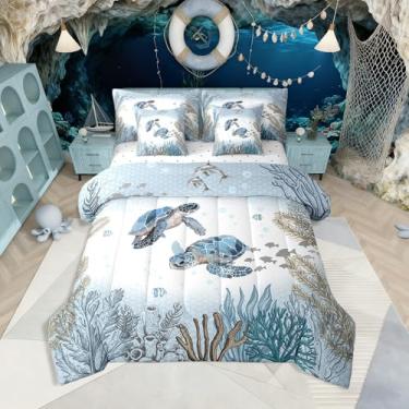 Imagem de Jogo de cama queen com tartaruga marinha, 7 peças, azul-petróleo, oceano, litoral, mundo subaquático, para crianças, meninos, meninas, recifes de corais, peixes, kawaii, decoração de quarto