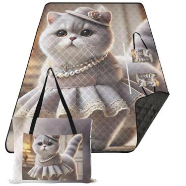 Imagem de TSENQUE Cobertor de praia elegante gatinho fofo gato à prova de areia, impermeável, dobrável, cobertor de piquenique, acampamento ao ar livre, tapete de grama 203 x 152 cm