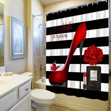 Imagem de Cortina de chuveiro borboleta flor moda menina Hello Gorgeous frasco de perfume rosa vermelha floral dia dos namorados amante romântico mulher preto branco listrado conjunto de acessórios de banheiro
