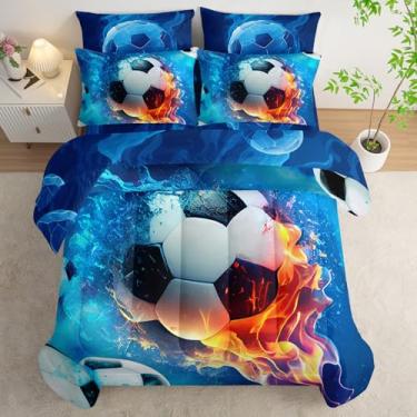 Imagem de AILONEN Jogo de cama solteiro com estampa de bola de gelo e fogo, futebol 3D, lençol de cima, 2 fronhas, 2 fronhas