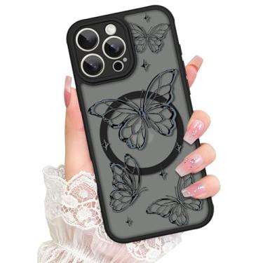 Imagem de Bonoma Capa Mganetic para iPhone 16 Pro [compatível com MagSafe] Linda estampa de borboleta preta para mulheres e meninas, amortecedor de TPU macio, translúcido, fosco, fina, à prova de choque - preta