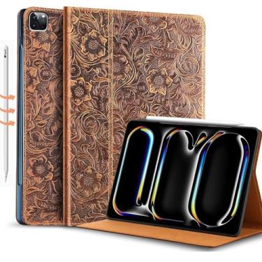 Imagem de Gexmil Capa de couro genuíno para iPad Pro de 13 polegadas M4 2024 com suporte ajustável, capa protetora à prova de choque de couro premium inteligente, hibernar/despertar automático, antiderrapante,