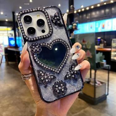 Imagem de HJZSZX Capa espelhada com glitter e coração para maquiagem, capa transparente de silicone macio com borboleta para iPhone 16 Plus (preta)