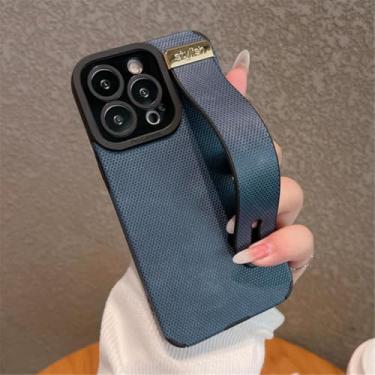 Imagem de IRTGFG Suporte de pulso de couro de luxo para iPhone 16 Pro, capa macia e completa (para iPhone 16 Pro/azul marinho)