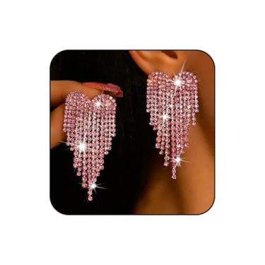 Imagem de WCRAZYE Brincos de coração de strass para mulheres, colorido, casamento, noiva, cristal, candelabro, coração, borla, Small, Liga de aço, Sem pedra preciosa