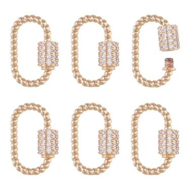 Imagem de DICOSMETIC 6 peças de colar mosquetão a granel banhado a ouro 18 K fechos de mosquetão de latão zircônia cúbica mosquetões de bloqueio pingentes pequenos chaveiros ovais mosquetão clipe para fazer